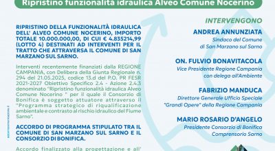 INCONTRO CON LA CITTADINANZA: Programma degli interventi di mitigazione del rischio idraulico di interesse regionale afferenti il Bacino idrografico del Fiume Sarno – 25 giugno 2025 ore 19:30 Sala Consiliare
